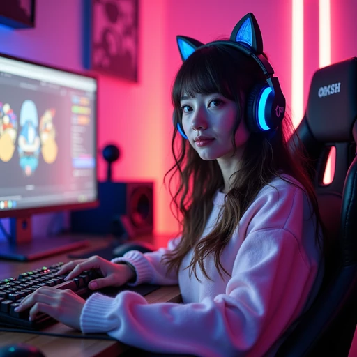 model as a gaming e-girl photoshoot. if(gender=f){cat ear headphones, neon-lit gaming room, pastel sweater} if(gender=m){cyberpunk gaming setup, rgb lighting, streetwear style}. streaming setup aesthetic.