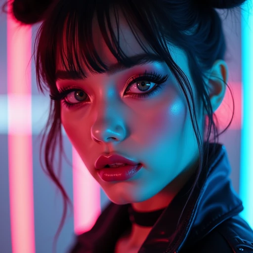 close-up of model as an e-girl portrait with soft goth makeup. if(gender=f){blush-heavy cheeks, glossy lips, dramatic eyeliner, space buns hairstyle} if(gender=m){dark tousled hair, sharp jawline, cyberpunk accessories}. neon cyberpunk background.