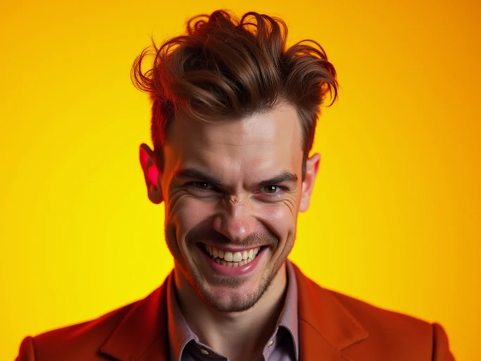 the image is a vibrant and colorful thumbnail, typically used for a youtube video. model with evil grin and mischievous look, bright plain gold background
