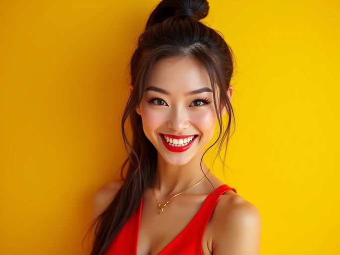 the image is a vibrant and colorful thumbnail, typically used for a youtube video. model with evil grin and mischievous look, bright plain gold background