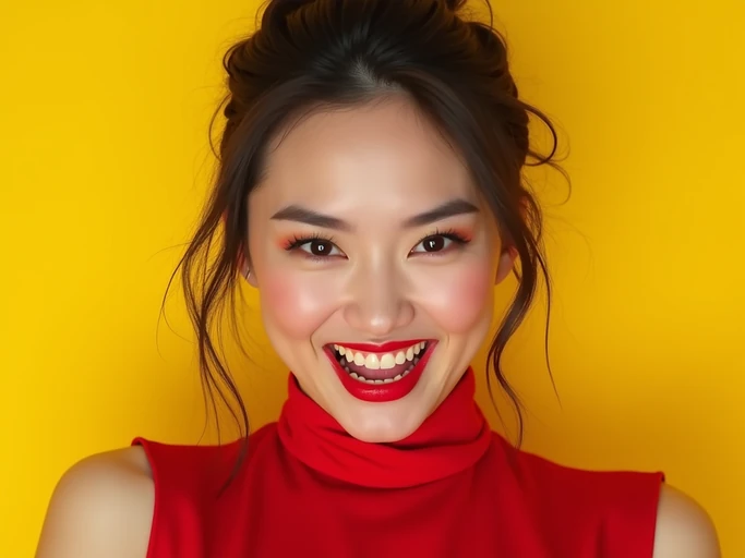 the image is a vibrant and colorful thumbnail, typically used for a youtube video. model with evil grin and mischievous look, bright plain gold background