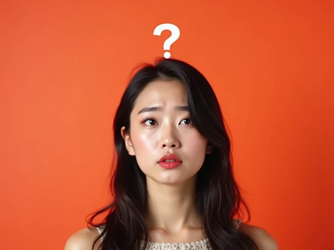 the image is a vibrant and colorful thumbnail, typically used for a youtube video. model with confused puzzled expression, question mark above head, bright plain brown background