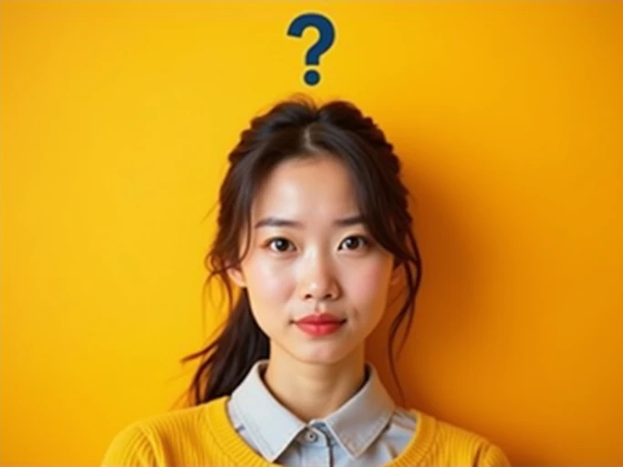 the image is a vibrant and colorful thumbnail, typically used for a youtube video. model with confused puzzled expression, question mark above head, bright plain brown background