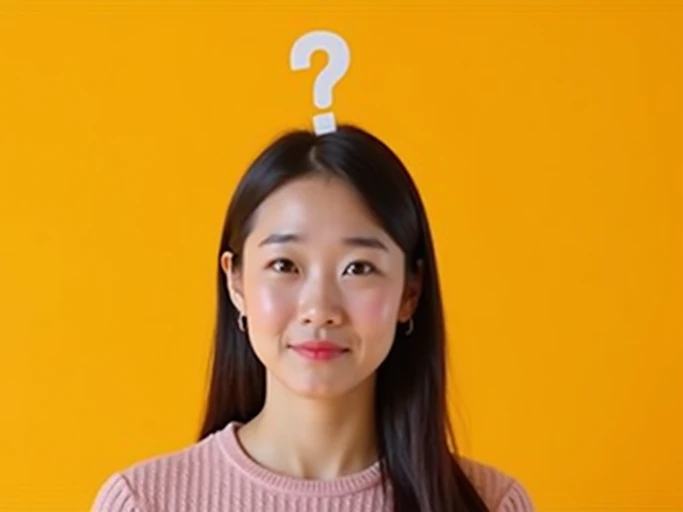 the image is a vibrant and colorful thumbnail, typically used for a youtube video. model with confused puzzled expression, question mark above head, bright plain brown background