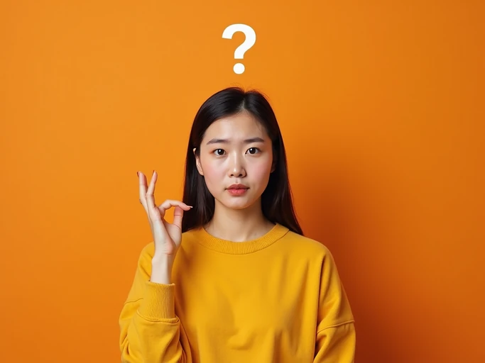 the image is a vibrant and colorful thumbnail, typically used for a youtube video. model with confused puzzled expression, question mark above head, bright plain brown background