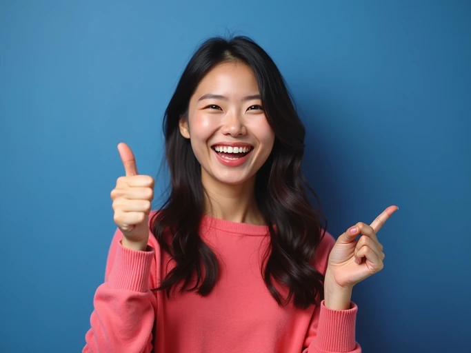the image is a vibrant and colorful thumbnail, typically used for a youtube video. model with wide smile and thumbs up, positive reaction, bright plain indigo background