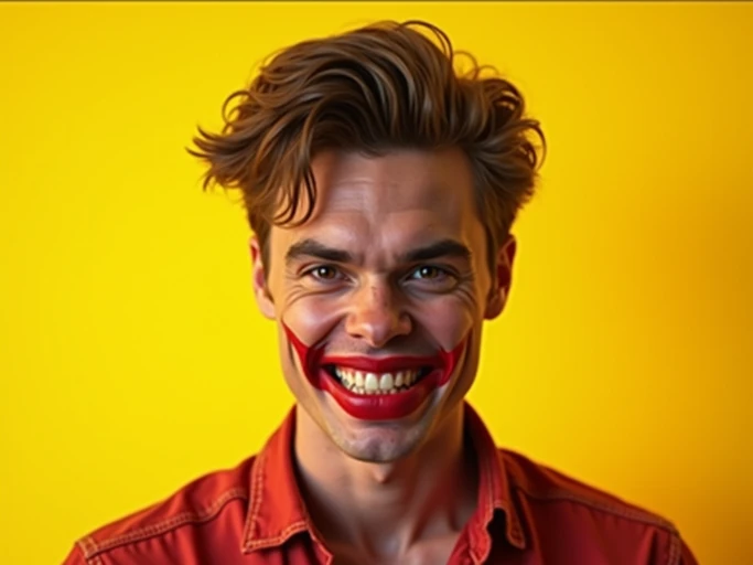 the image is a vibrant and colorful thumbnail, typically used for a youtube video. model with evil grin and mischievous look, bright plain gold background