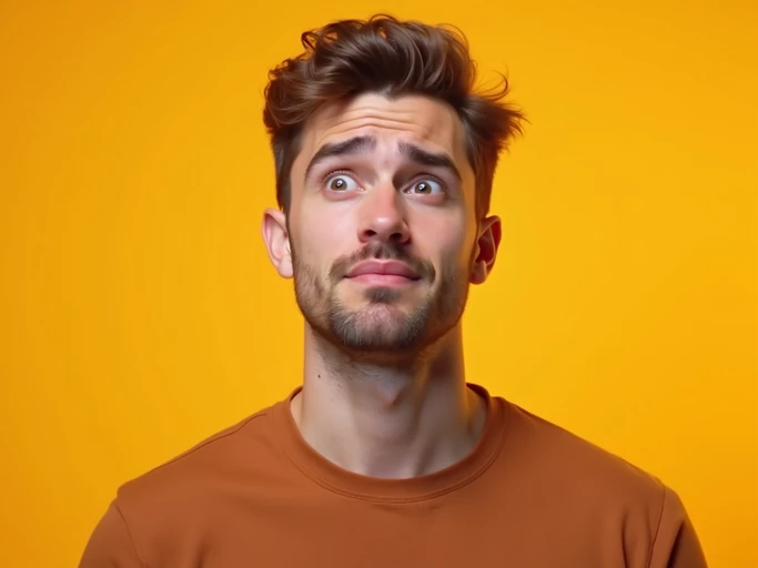 the image is a vibrant and colorful thumbnail, typically used for a youtube video. model with confused puzzled expression, question mark above head, bright plain brown background