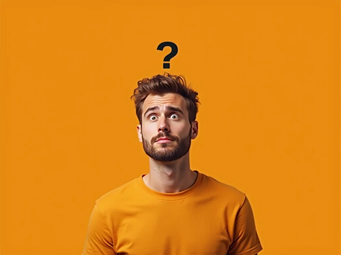 the image is a vibrant and colorful thumbnail, typically used for a youtube video. model with confused puzzled expression, question mark above head, bright plain brown background