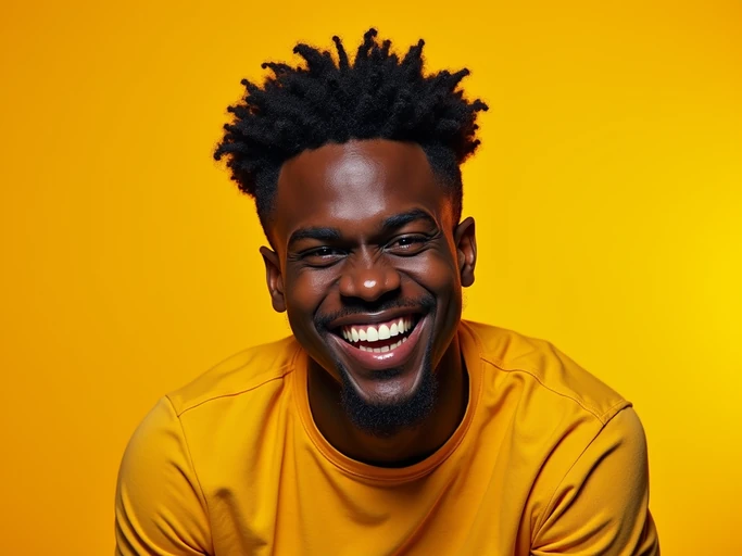 the image is a vibrant and colorful thumbnail, typically used for a youtube video. model with evil grin and mischievous look, bright plain gold background