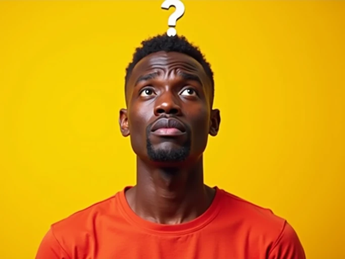the image is a vibrant and colorful thumbnail, typically used for a youtube video. model with confused puzzled expression, question mark above head, bright plain brown background