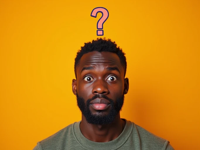 the image is a vibrant and colorful thumbnail, typically used for a youtube video. model with confused puzzled expression, question mark above head, bright plain brown background