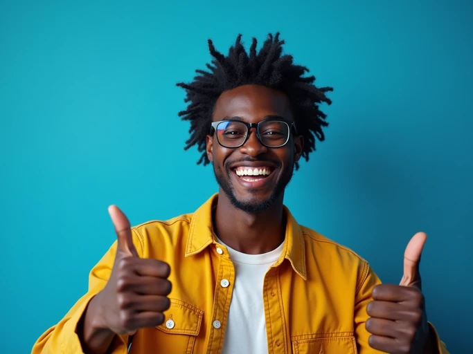the image is a vibrant and colorful thumbnail, typically used for a youtube video. model with wide smile and thumbs up, positive reaction, bright plain indigo background