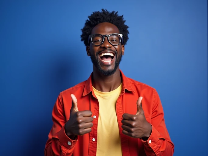 the image is a vibrant and colorful thumbnail, typically used for a youtube video. model with wide smile and thumbs up, positive reaction, bright plain indigo background