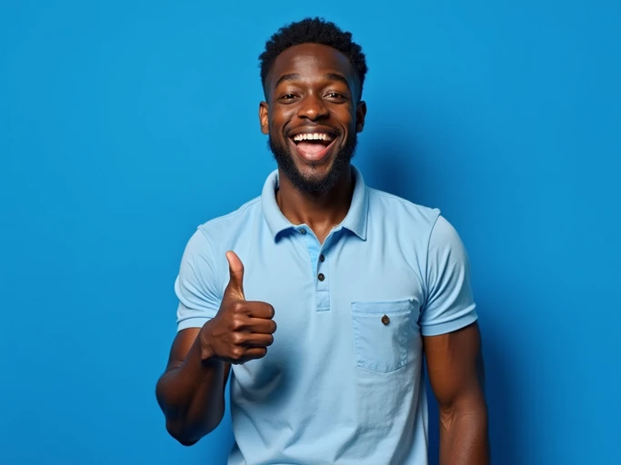 the image is a vibrant and colorful thumbnail, typically used for a youtube video. model with wide smile and thumbs up, positive reaction, bright plain indigo background
