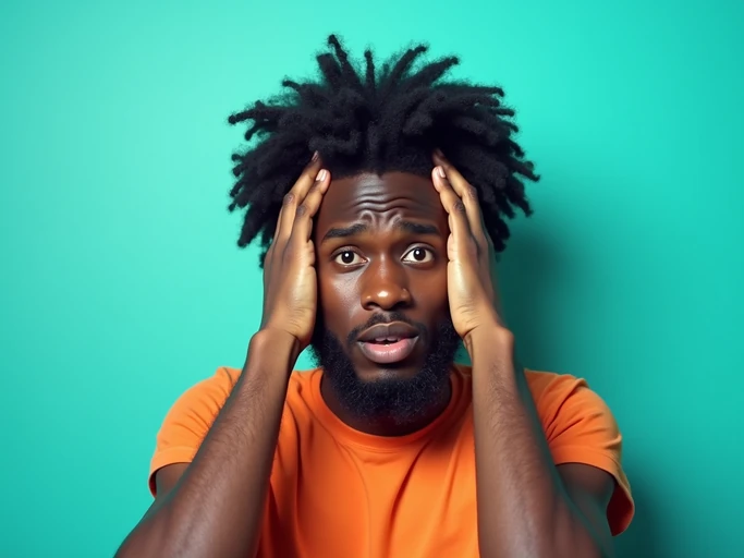 the image is a vibrant and colorful thumbnail, typically used for a youtube video. model with hands on head, disbelief expression, bright plain teal background