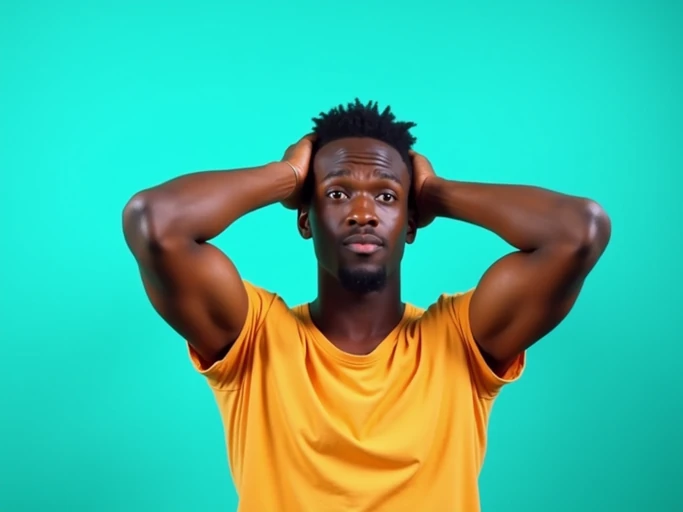 the image is a vibrant and colorful thumbnail, typically used for a youtube video. model with hands on head, disbelief expression, bright plain teal background