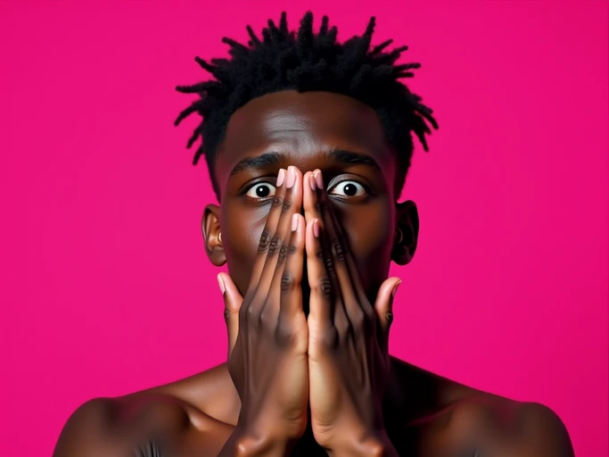the image is a vibrant and colorful thumbnail, typically used for a youtube video. model with hands covering mouth in shock, bright plain magenta background