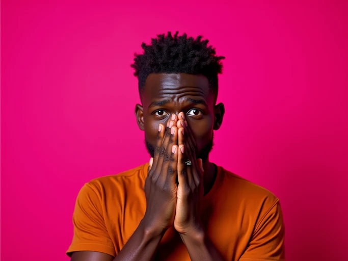 the image is a vibrant and colorful thumbnail, typically used for a youtube video. model with hands covering mouth in shock, bright plain magenta background
