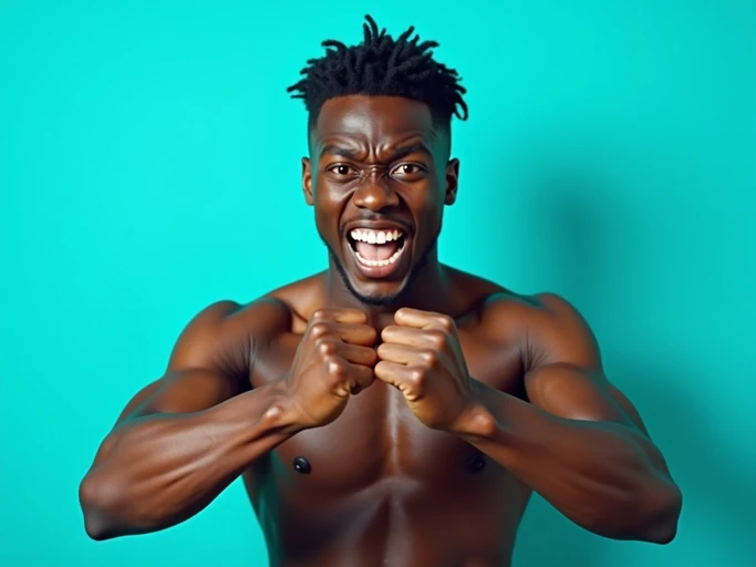 the image is a vibrant and colorful thumbnail, typically used for a youtube video. model with clenched fists and angry face, bright plain cyan background