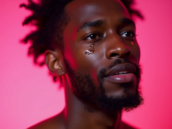 the image is a vibrant and colorful thumbnail, typically used for a youtube video. model with tears streaming down face, emotional crying, bright plain pink background