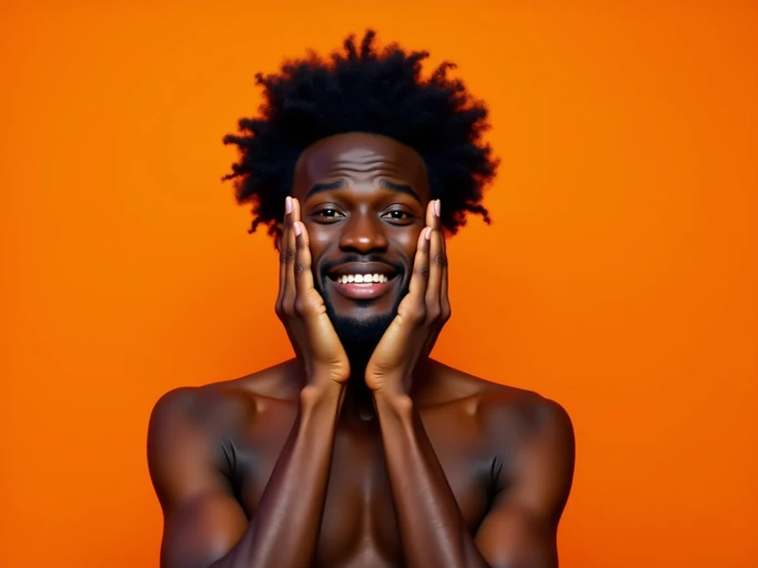 the image is a vibrant and colorful thumbnail, typically used for a youtube video. model with hands on cheeks, oh my god expression, bright plain orange background