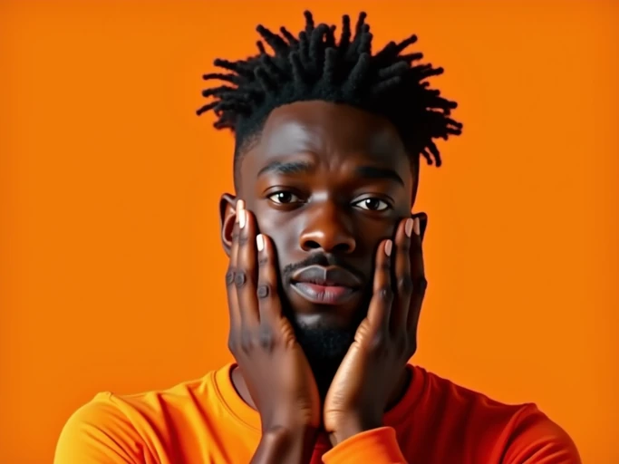 the image is a vibrant and colorful thumbnail, typically used for a youtube video. model with hands on cheeks, oh my god expression, bright plain orange background