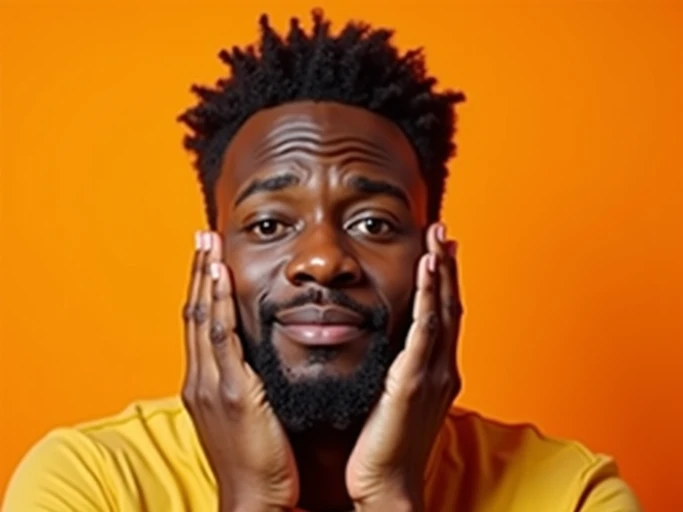 the image is a vibrant and colorful thumbnail, typically used for a youtube video. model with hands on cheeks, oh my god expression, bright plain orange background