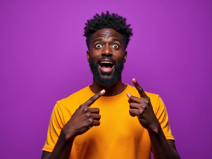 the image is a vibrant and colorful thumbnail, typically used for a youtube video. model pointing at something with surprised face, bright plain purple background