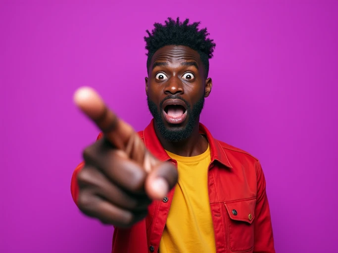 the image is a vibrant and colorful thumbnail, typically used for a youtube video. model pointing at something with surprised face, bright plain purple background