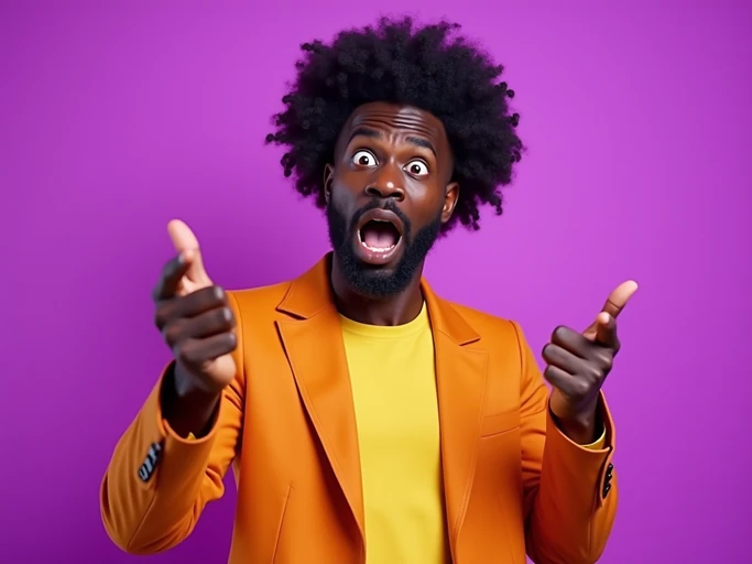 the image is a vibrant and colorful thumbnail, typically used for a youtube video. model pointing at something with surprised face, bright plain purple background