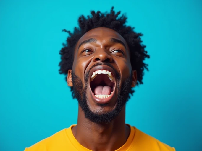 the image is a vibrant and colorful thumbnail, typically used for a youtube video. model with mouth wide open screaming yelling shouting, bright plain blue background