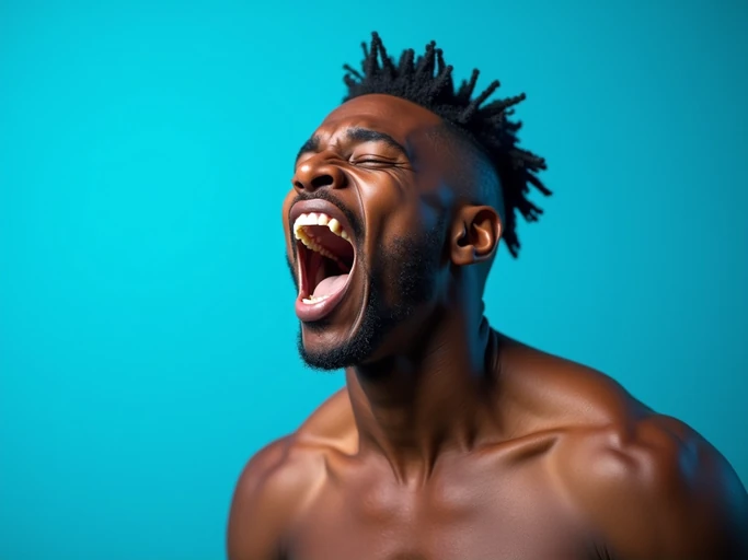 the image is a vibrant and colorful thumbnail, typically used for a youtube video. model with mouth wide open screaming yelling shouting, bright plain blue background