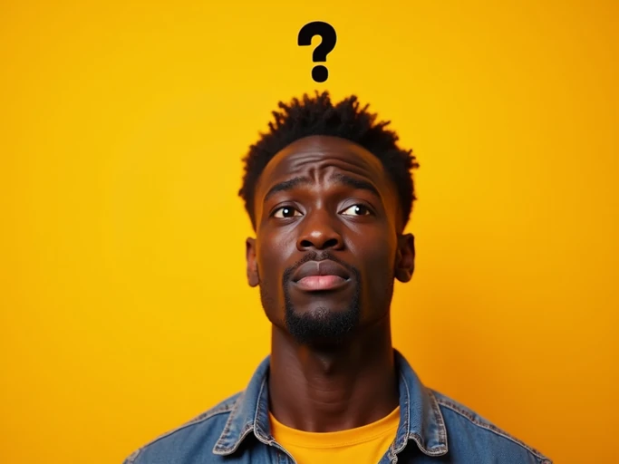 the image is a vibrant and colorful thumbnail, typically used for a youtube video. model with confused puzzled expression, question mark above head, bright plain brown background