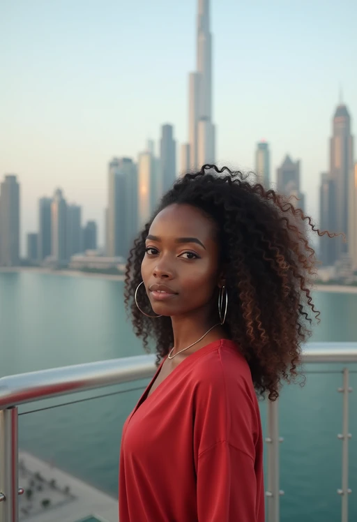 model standing in front of city skyline viewpoint in Dubai with city skyline in background