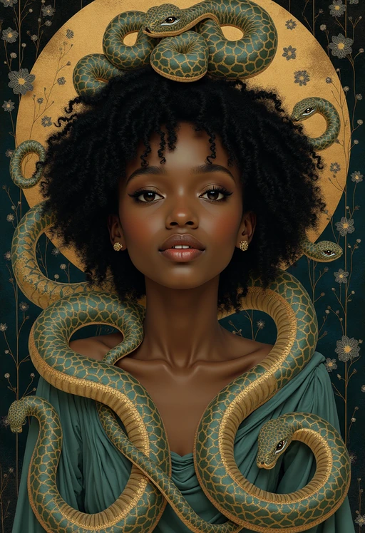 model with coiled serpents beautiful detailed romantic art nouveau if(gender=m){of a man} if(gender=f){} by alphonse mucha, kay nielsen, yoshitaka amano, and gustav klimt, hauntingly beautiful refined moody dreamscape