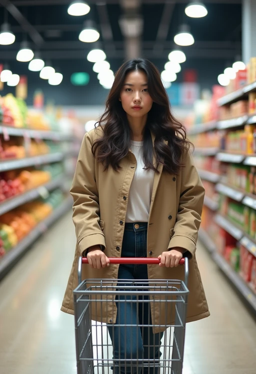 model in Supermarket walking with Shopping Cart in the Supermarket Aisle. Background of Supermarket