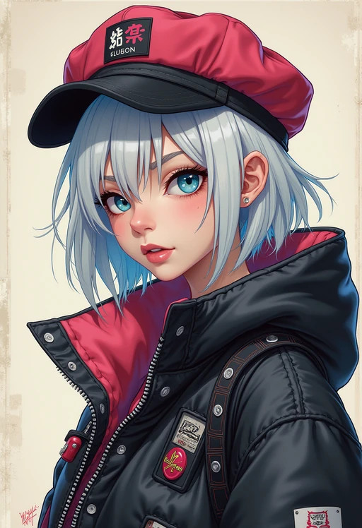 full body of a street punk model student, blue eyes, bubble jacket, hat, white hair by atey ghailan, by greg rutkowski, by greg tocchini, by james gilleard, by joe fenton, by kaethe butcher, gradient pink, black, brown and light blue color scheme, grunge aesthetic