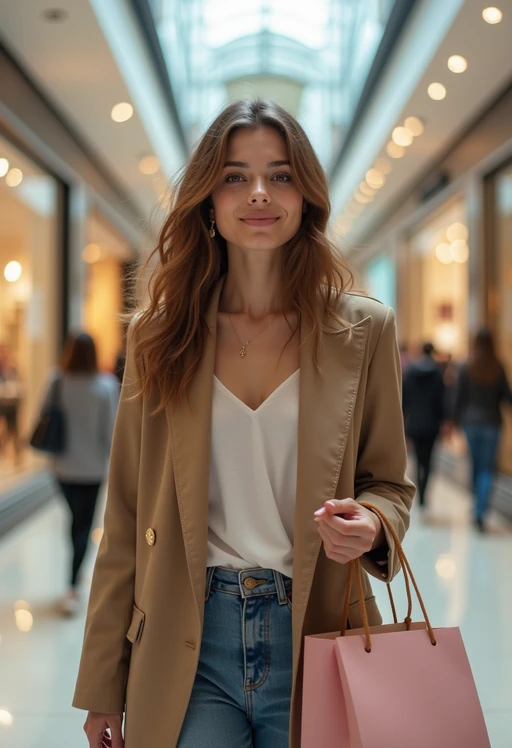 model walking in a shopping mall, holding shopping bags. shops in background