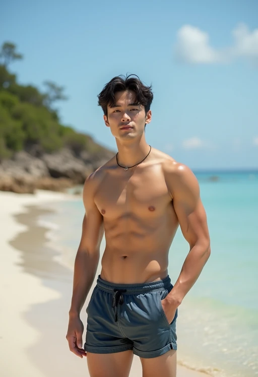 model in if(gender=m){shirtless in swim shorts} if(gender=f){bikini} on the Beach