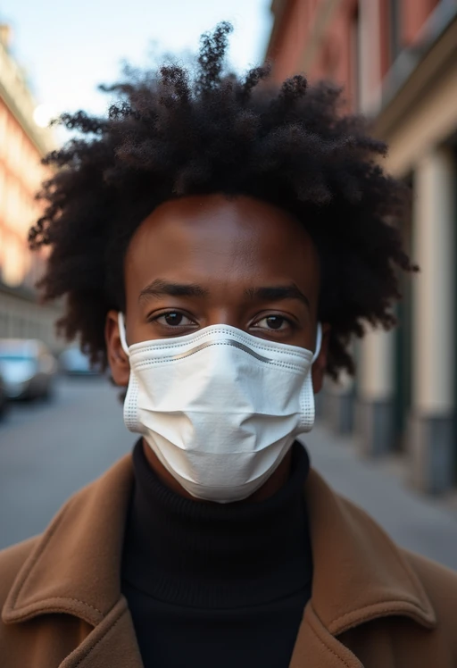 model wearing a Covid n95 mask in 2020. outside