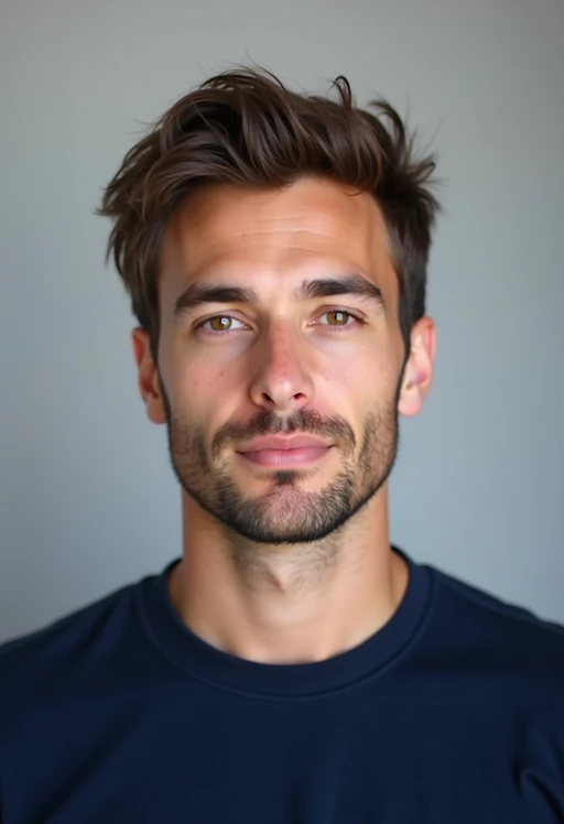 model as official passport photo for government documents. wearing a dark blue navy t-shirt. photorealistic. light gray background. entire face visible. entire head visible