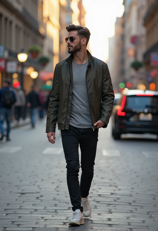 if(gender=m){masculine} if(gender=f){feminine} model taking a casual stroll through a cityscape