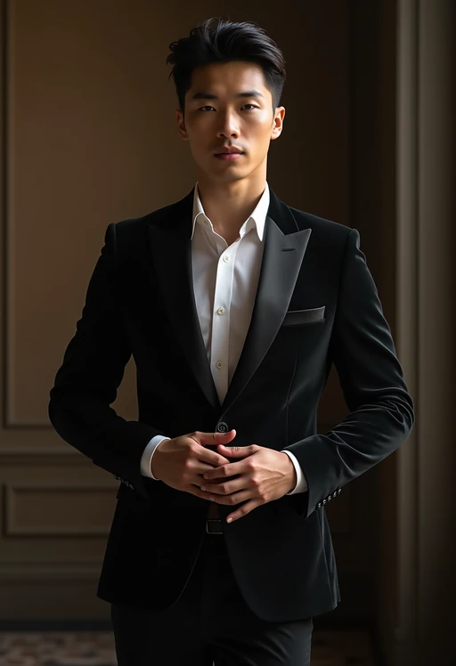 an alluring if(gender=m){masculine} if(gender=f){feminine} model dressed in elegant evening wear