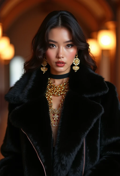 beautiful model as a mobster, mafia, mafia outfit, faux fur coats, chunky gold jewelry, mafia aesthetic, flashy, glamorous, luxury, loud, Goodfellas, The Sopranos, Mob Wives, opulence, confidence