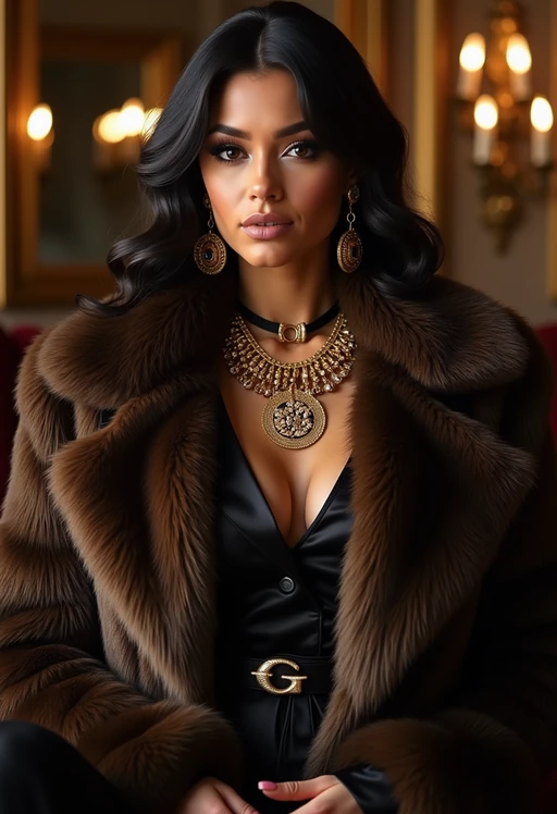 beautiful model as a mobster, mafia, mafia outfit, faux fur coats, chunky gold jewelry, mafia aesthetic, flashy, glamorous, luxury, loud, Goodfellas, The Sopranos, Mob Wives, opulence, confidence