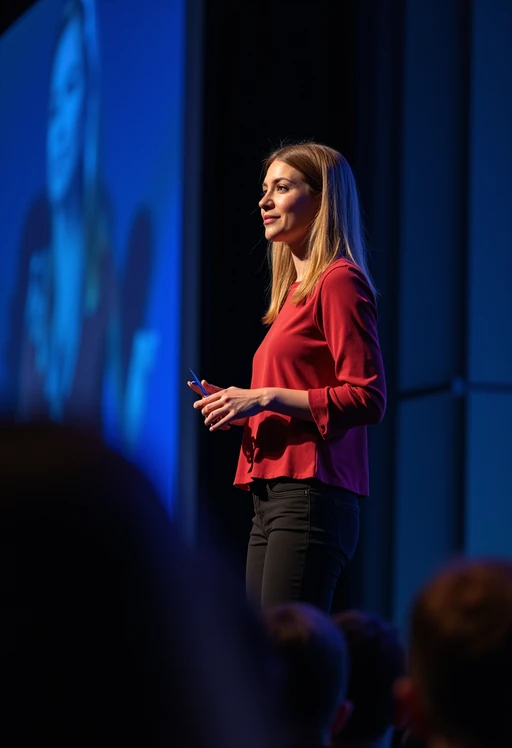 model as a conference keynote speaker standing on stage at a conference