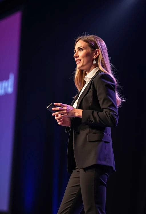 model as a conference keynote speaker standing on stage at a conference