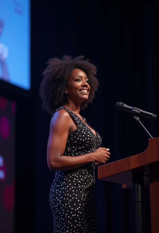model as a conference keynote speaker standing on stage at a conference