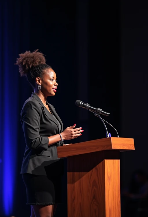 model as a conference keynote speaker standing on stage at a conference